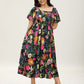 🌸Sommer-Sonderangebot: 50 % Rabatt💃Midi-Kleid mit Blumenmuster, Smokarbeit, quadratischem Ausschnitt und Taschen