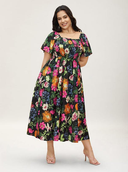 🌸Sommer-Sonderangebot: 50 % Rabatt💃Midi-Kleid mit Blumenmuster, Smokarbeit, quadratischem Ausschnitt und Taschen