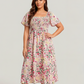 🌸Sommer-Sonderangebot: 50 % Rabatt💃Midi-Kleid mit Blumenmuster, Smokarbeit, quadratischem Ausschnitt und Taschen