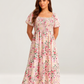 🌸Sommer-Sonderangebot: 50 % Rabatt💃Midi-Kleid mit Blumenmuster, Smokarbeit, quadratischem Ausschnitt und Taschen